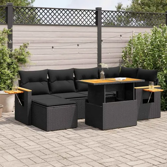 vidaXL 7-deles havesofasæt med hynder, polyrattan sort