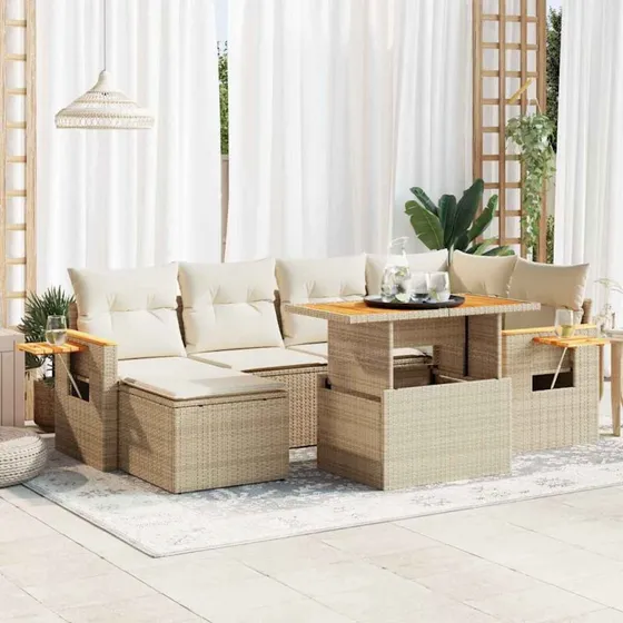 vidaXL 7-deles havesofasæt med hynder i polyrattan, beige