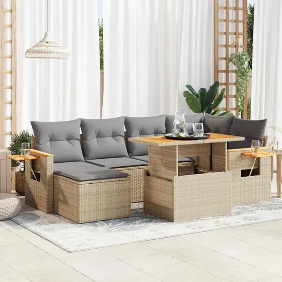 vidaXL 7-deles havesofasæt med hynder i polyrattan, beige