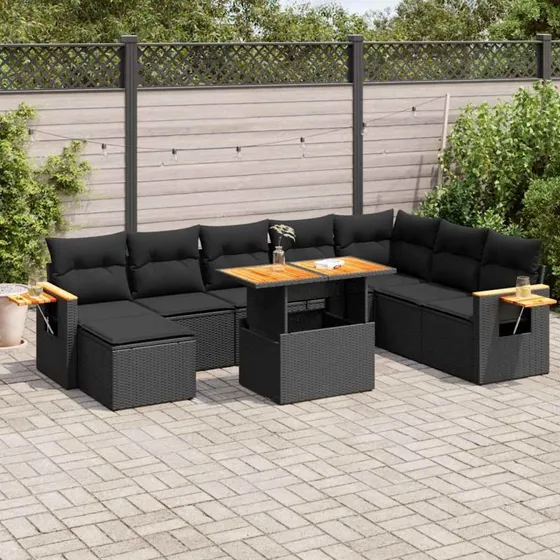 vidaXL 9-deles polyrattan havesofasæt med hynder, sort