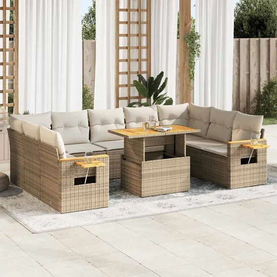 vidaXL 10-delssofasæt med hynder, polyrattan, akacietræ beige