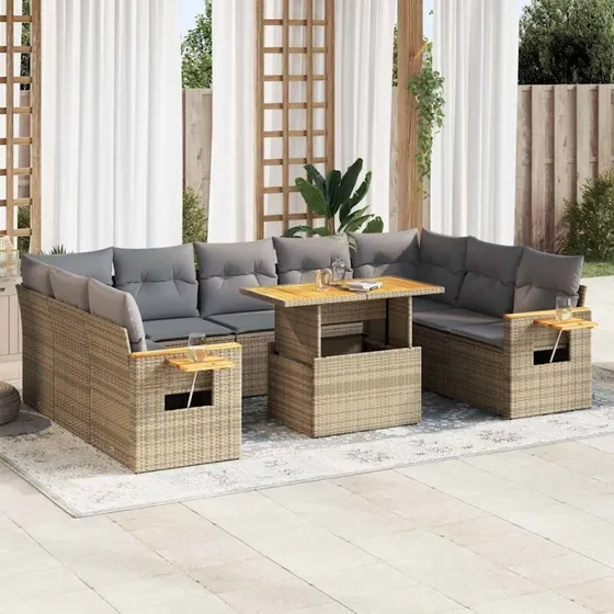 vidaXL 10-delssofasæt med hynder, polyrattan, akacietræ, beige