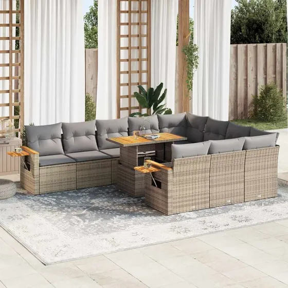 vidaXL 11-delers havemøbelsæt med polyrattan og akacietræ, beige