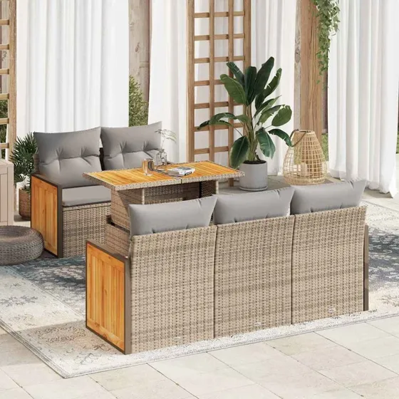 vidaXL 6-deles havesofasæt med hynder i polyrattan og akacietræ, beige