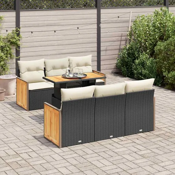 vidaXL 7-delssofasæt med hynder, polyrattan og akacietræ, sort