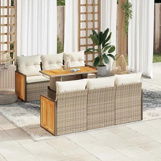 vidaXL 7-delssofasæt med hynder, polyrattan akacietræ, beige