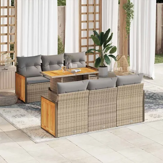 vidaXL 7-delssofasæt med hynder, polyrattan & akacietræ, beige