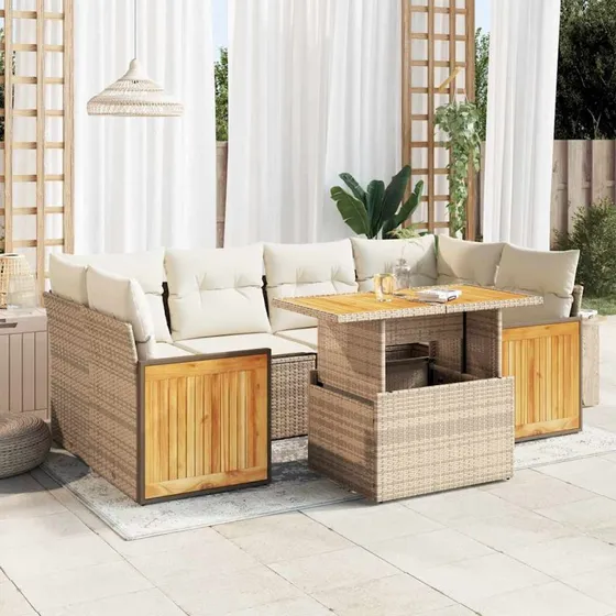 vidaXL 7-delssofasæt med hynder, polyrattan, akacietræ, beige
