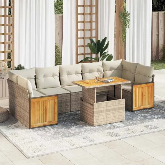 vidaXL 8-delssofasæt med hynder, polyrattan akacietræ, beige