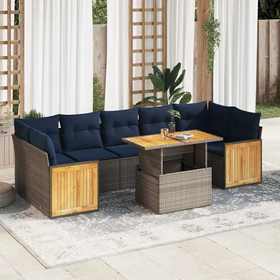 vidaXL 8-delssofasæt med hynder, polyrattan grå, akacietræ