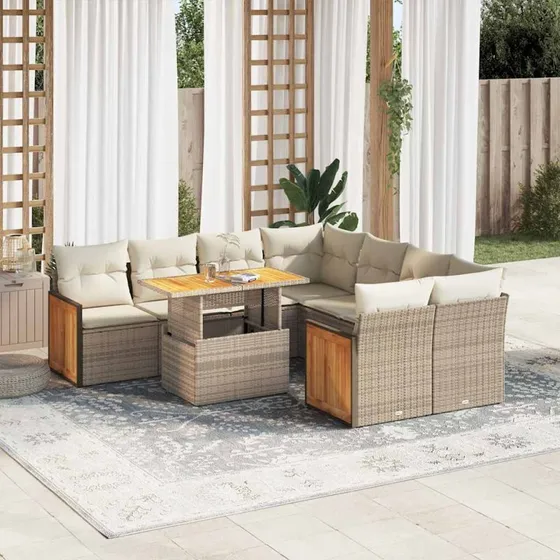 vidaXL 9-deligt havesofasæt med hynder, polyrattan, beige