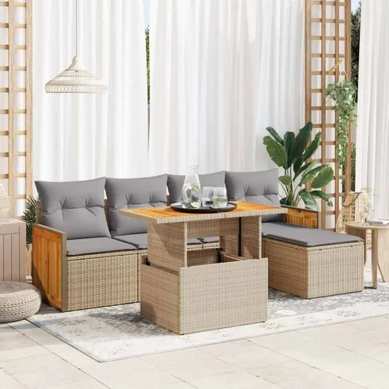 vidaXL 6-delssofasæt med hynder i polyrattan, beige