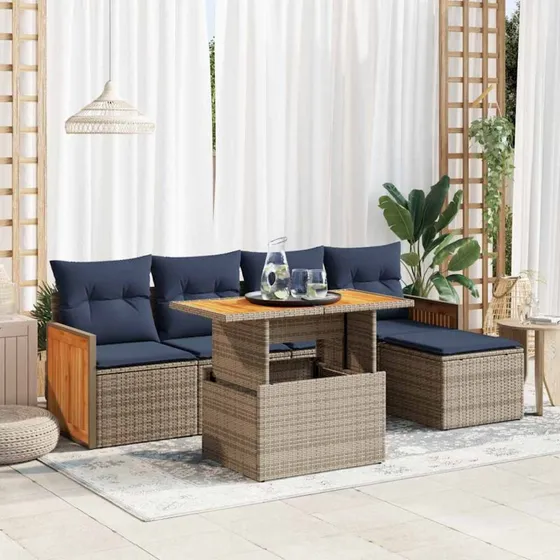 vidaXL 6-delssofasæt med hynder, polyrattan grå, akacietræ