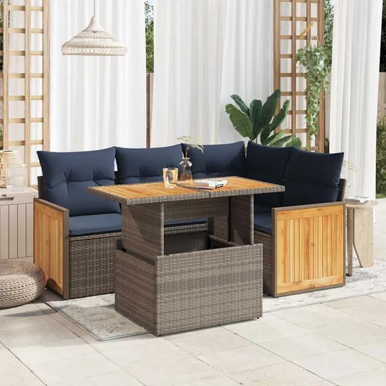 vidaXL Grå 5-delssofasæt med hynder, polyrattan akacietræ
