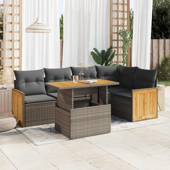 vidaXL 6-delssofasæt med hynder, polyrattan, grå, akacietræ