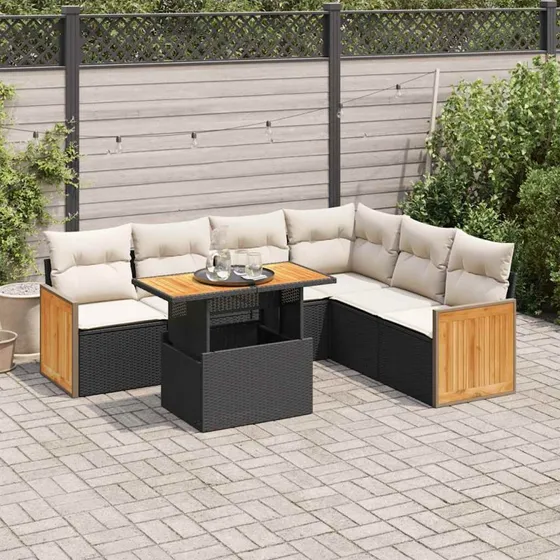vidaXL 7-deles sofasæt med hynder, polyrattan, sort