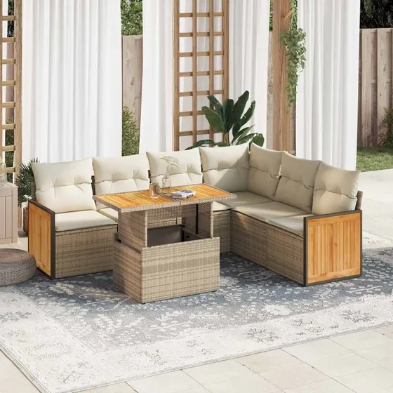 vidaXL 7-deles havemøbelssæt med hynder i polyrattan, beige