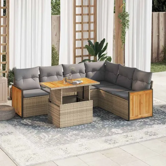 vidaXL 7-delssofasæt med hynder, polyrattan, akacietræ, beige
