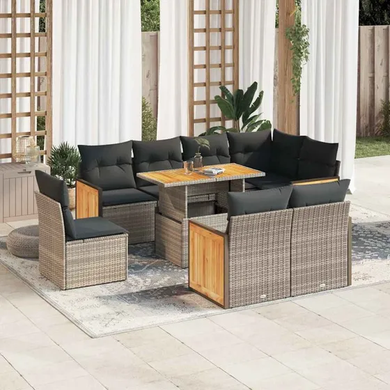 vidaXL 9-delssofasæt med hynder, polyrattan grå, akacietræ