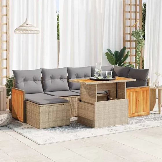 vidaXL 7-delssofasæt med hynder, polyrattan, akacietræ, beige