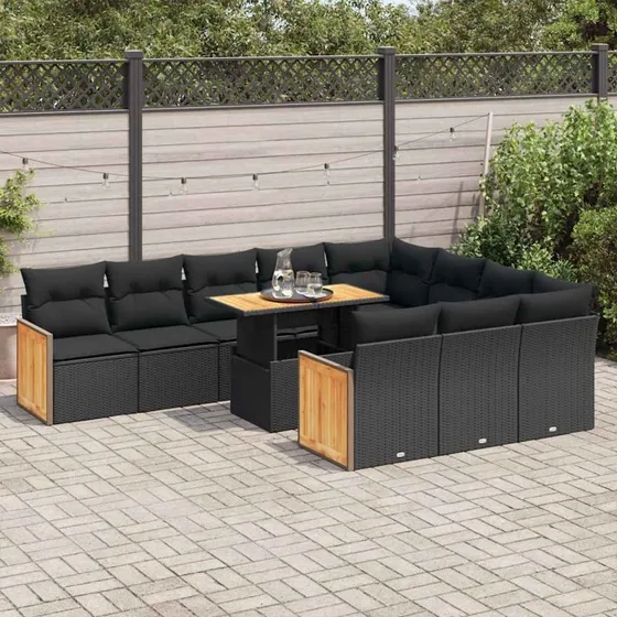 vidaXL 11-deles havemøbelssæt med polyrattan og akacietræ, sort