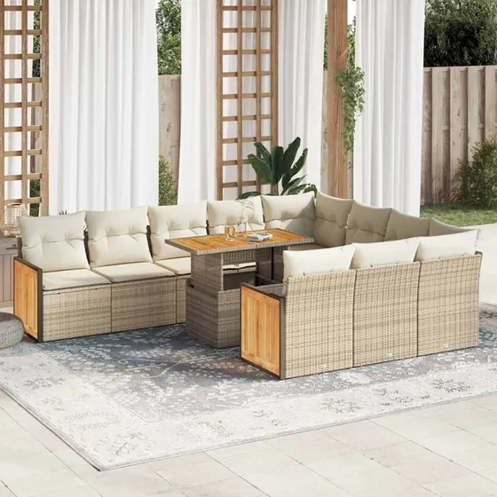 vidaXL 11-deles havemøbelssæt med polyrattan og akacietræ, beige