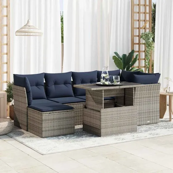 vidaXL 7-delers havesofa med hynder i polyrattan og akacietræ, grå