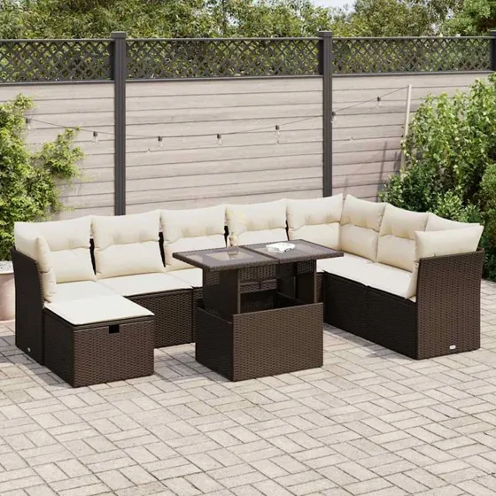vidaXL 9-delssofasæt med hynder i polyrattan brun