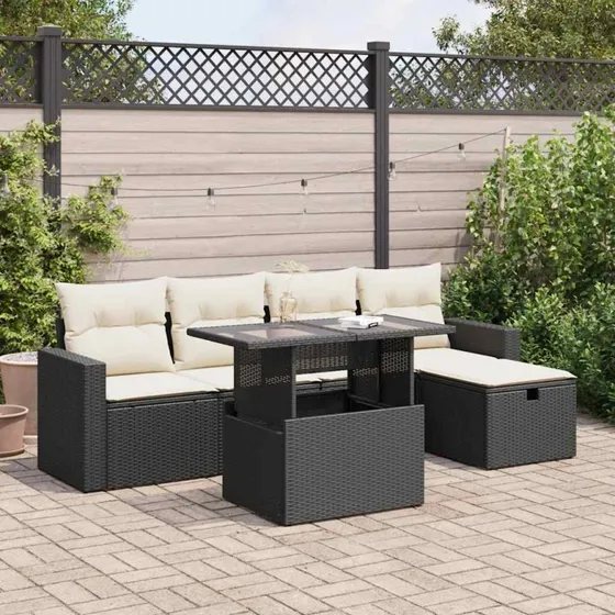 vidaXL 6-deles havesofasæt med hynder, polyrattan sort