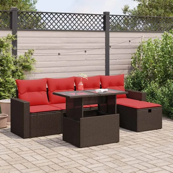 vidaXL 6-deles havesofasæt med hynder i polyrattan og akacietræ, brun