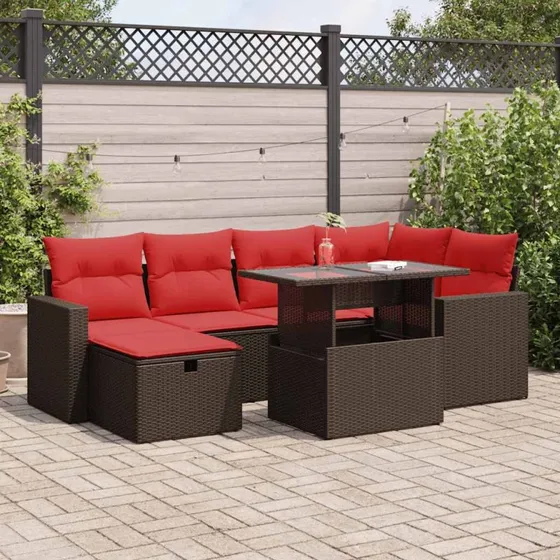 vidaXL 7-deles havesofasæt med hynder i polyrattan og akacietræ, brun