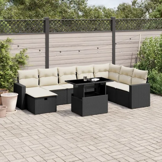 Sofa 9 dele med opbevaring, polyrattan sort/beige/grå