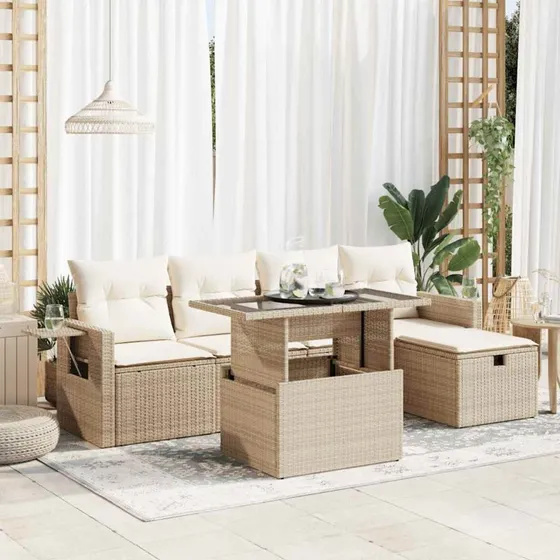vidaXL 6-delssofasæt med hynder i polyrattan, beige