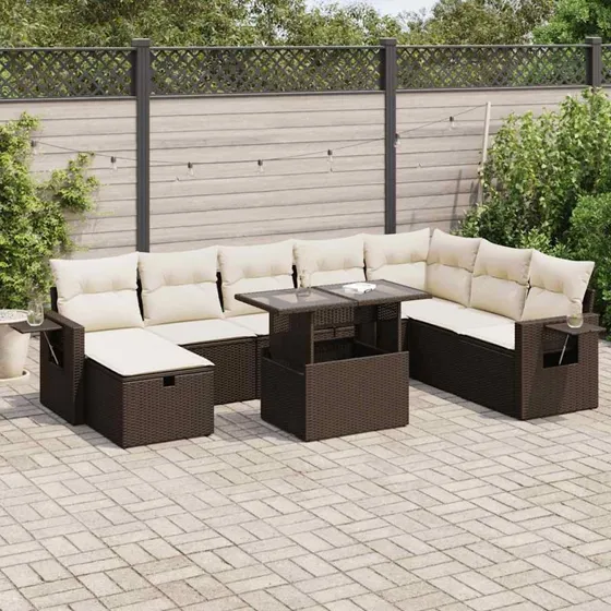 vidaXL 9-delssofasæt med hynder, polyrattan brun