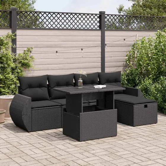 Larsen Sofasæt 6 Dele Polyrattan Sort med Opbevaring