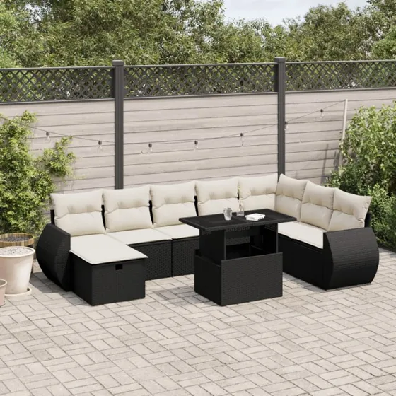 Rattan Home 9-deles havesofasæt med opbevaring, sort/lysegrå