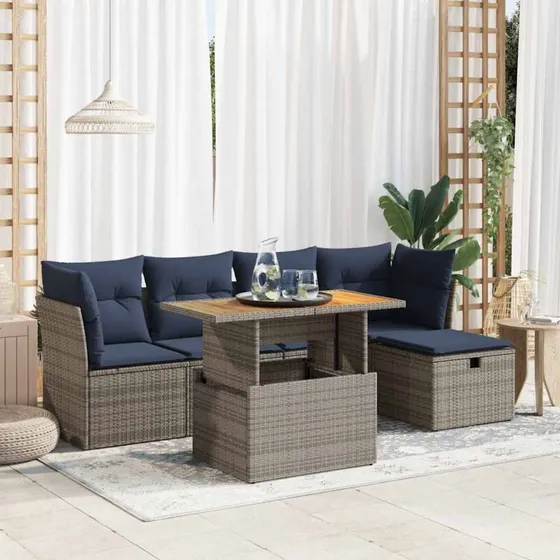 vidaXL 6-delssofasæt med hynder, polyrattan grå, akacietræ