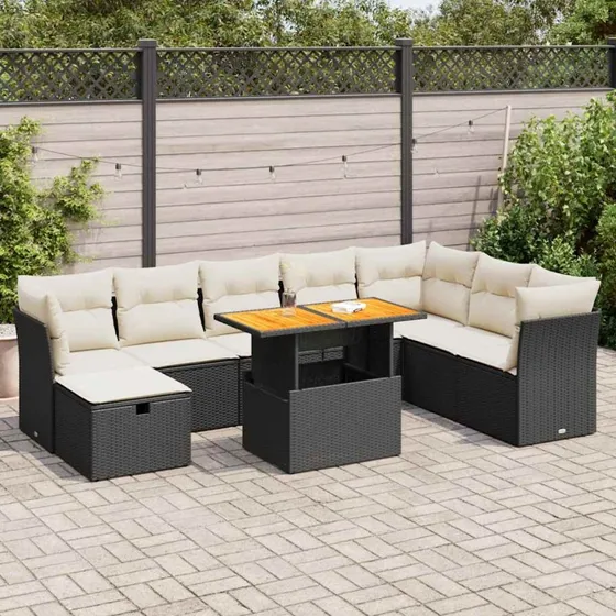 vidaXL 9-deles polyrattan havesofasæt med hynder, sort