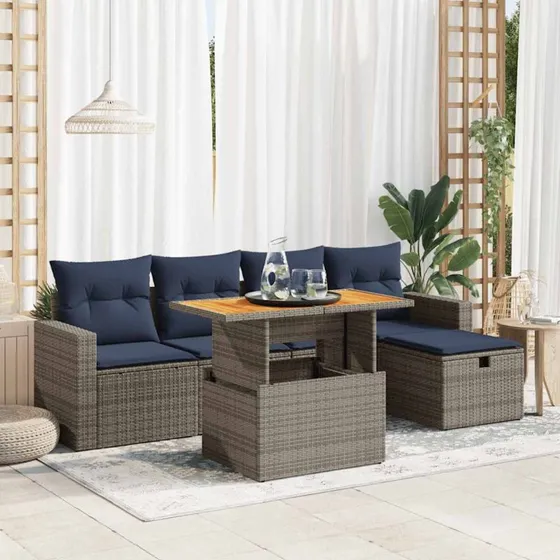 vidaXL 6-delssofasæt med hynder, polyrattan grå, akacietræ