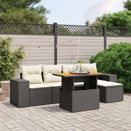Sofasæt Til Haven 6 Dele Med Hynder Polyrattan Sort-Beige-Grå Med Opbevaring