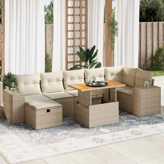 vidaXL 5-deligt havesofasæt med polyrattan og akaciehynder, beige