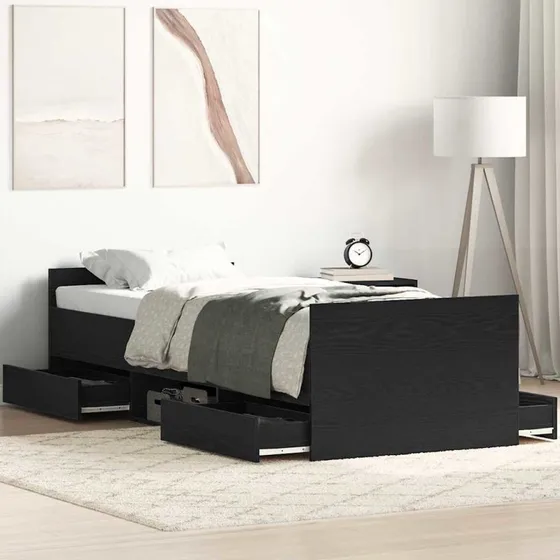 vidaXL Sengestel med Skuffe, Sort Eg 193 x 78 x 50 cm, Konstrueret Træ