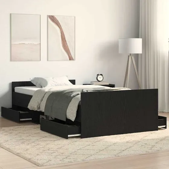vidaXL Sengestel med skuffe Sort eg 203 x 93 x 50 cm Konstrueret træ