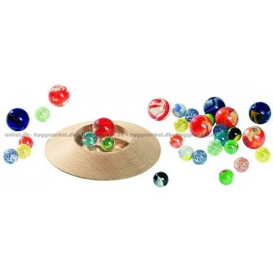 Goki Glaskugler med legehæfte og træskål, 31 stk