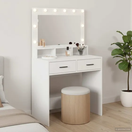 vidaXL Makeupbord med Skuffe og LED-lys, Hvid, 79 x 41 x 135 cm