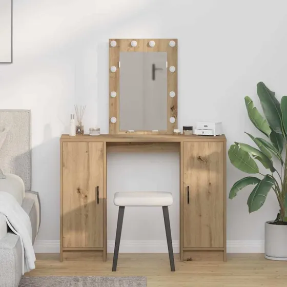 vidaXL Klædeskab med spejllys, Brun, 102 x 33 x 135 cm