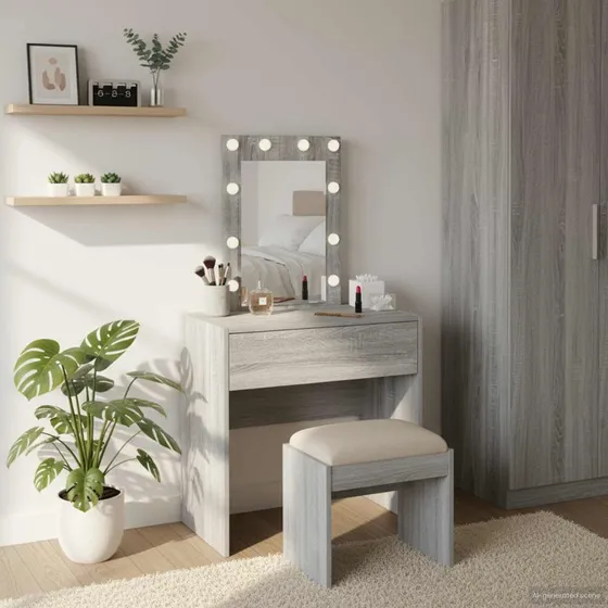 vidaXL Klædeskab med spejllys Grå 60x40x70 cm Konstrueret træ