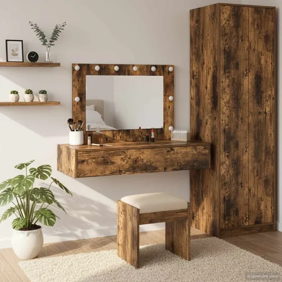 vidaXL Klædeskab med spejllys Brun 100 x 40 x 70 cm Konstrueret træ