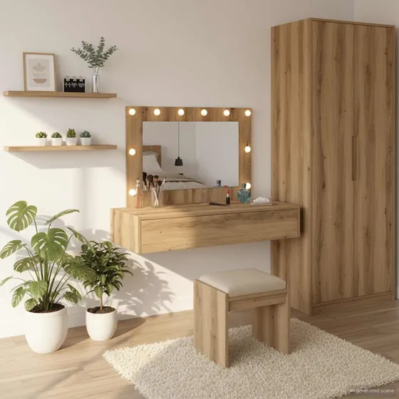 vidaXL Klædeskab med spejllys Brun 100 x 40 x 70 cm Konstrueret træ