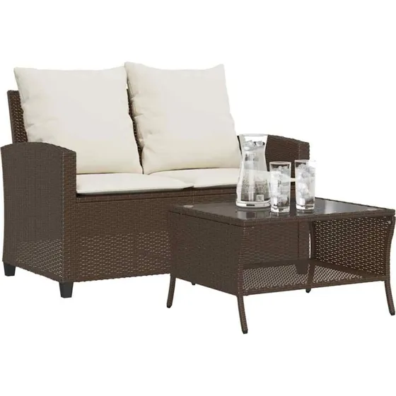 vidaXL 2-personers polyrattan sofa med hynder og glasbord, brun